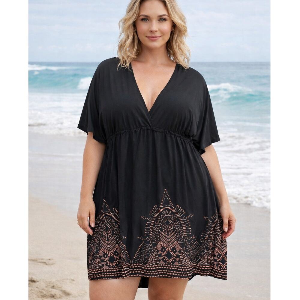 Swimsuits For All -XXL Black Swim Cover Up Boho Hem V Neck Flowy Beach Dress